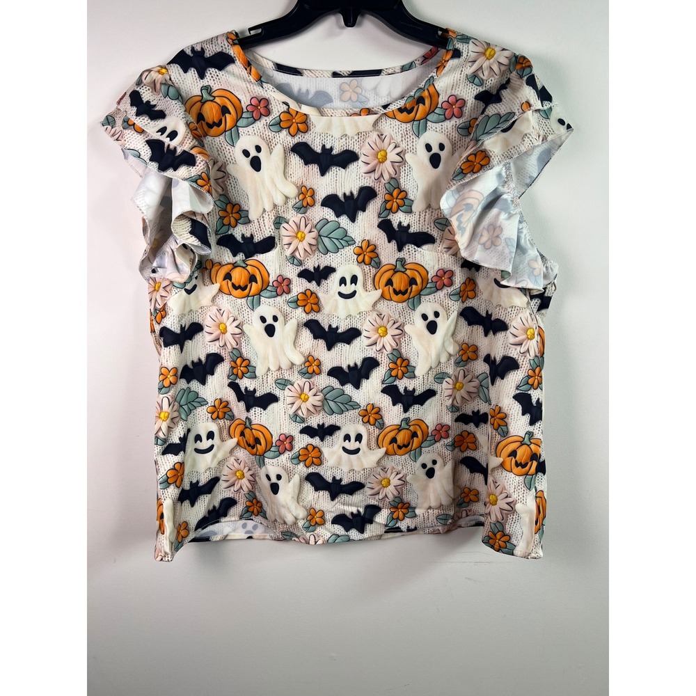 Womens Halloween Ghost Pumpkin Bat Print TShirt Flutter Sleeve Top Plus Size 1XL